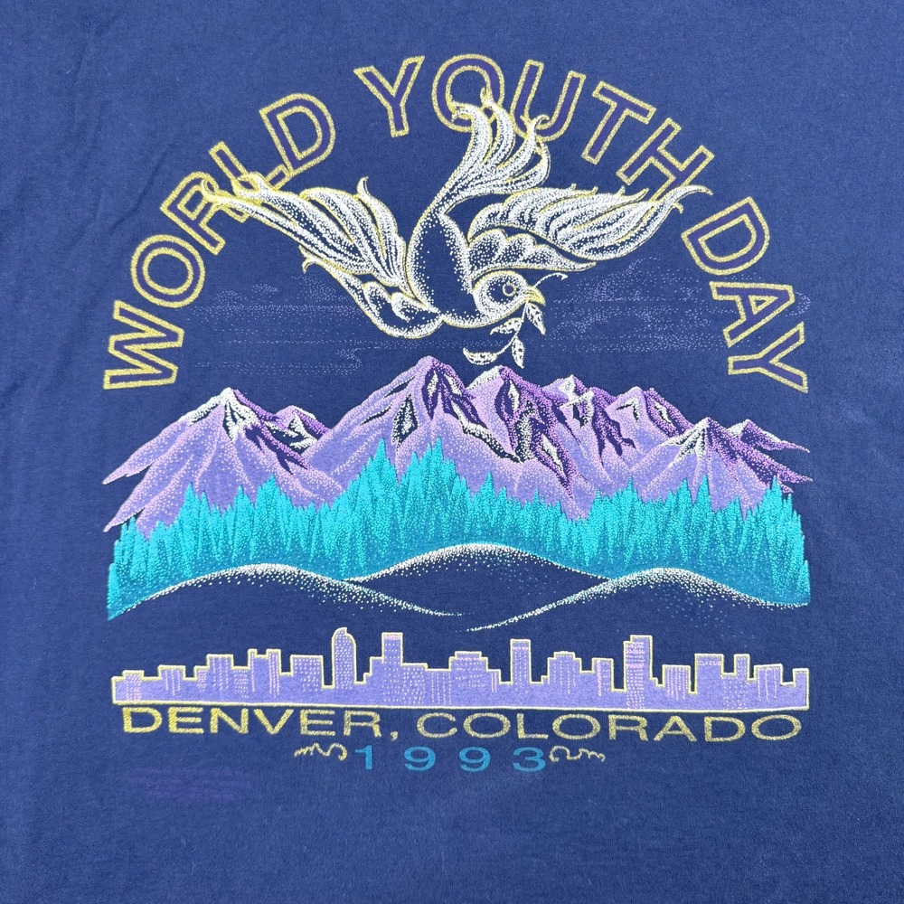 Vintage 1993 World Youth Day Denver Colorado Jerzees T-Shirt XL Navy Blue USA